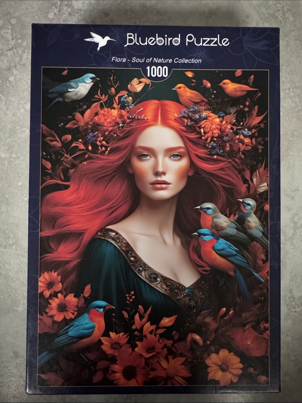 Blue Bird 1000-Piece Puzzle — Red-Haired Woman with Blue and Orange Songbirds